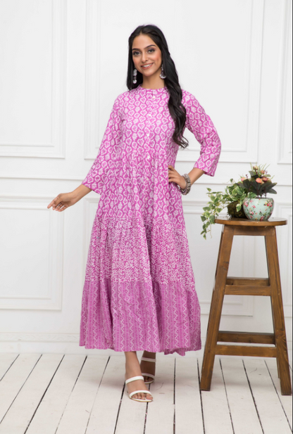 Women's Pink Floral Cotton A-Line Mandarin Collar Long Dress