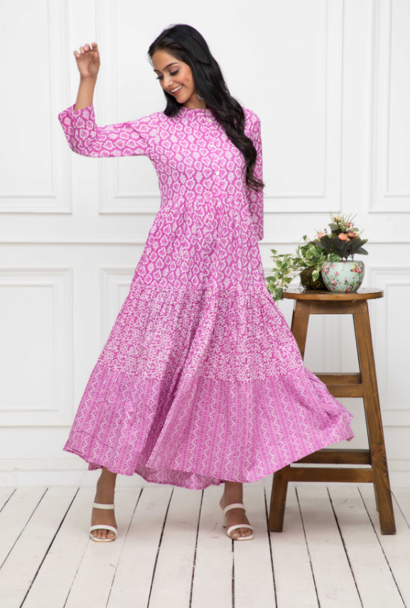Women's Pink Floral Cotton A-Line Mandarin Collar Long Dress