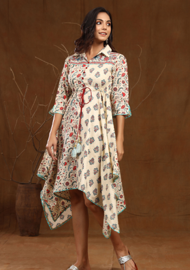 Women's Cambric Floral Print Asymmetric Dress With Mask