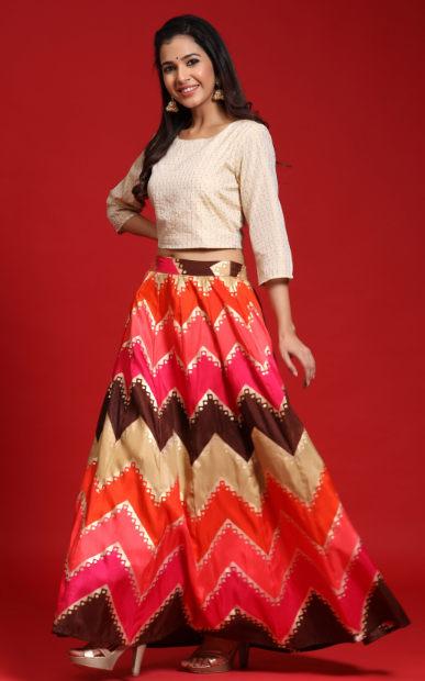 Women's Coral Silk Printed Lehenga With Silk Lurex Choli