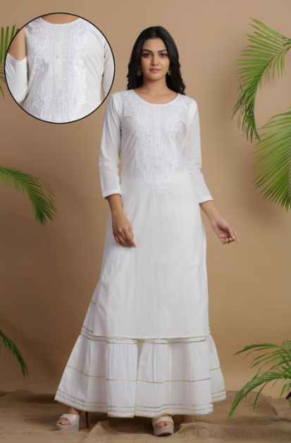 Women's White Cotton Voile Embroidered Straight Kurta