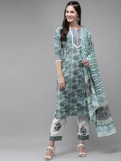 Women's Green Hand Block Printed Kurta With Trouser And Dupatta