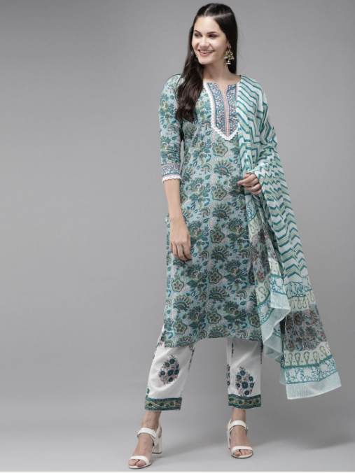 Women's Green Hand Block Printed Kurta With Trouser And Dupatta