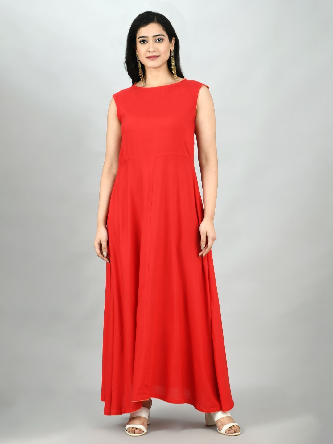 Women's Red Cotton Solid Sleeveless Round Neck Casual Kurta Dupatta Set