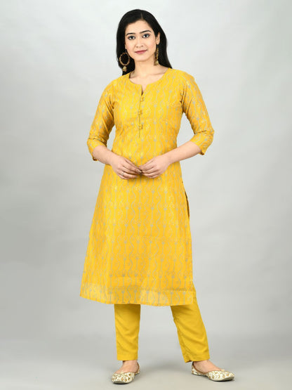 Women's Yellow Chanderi Printed 3/4 Sleeve Round Neck Casual Kurta Pant Set