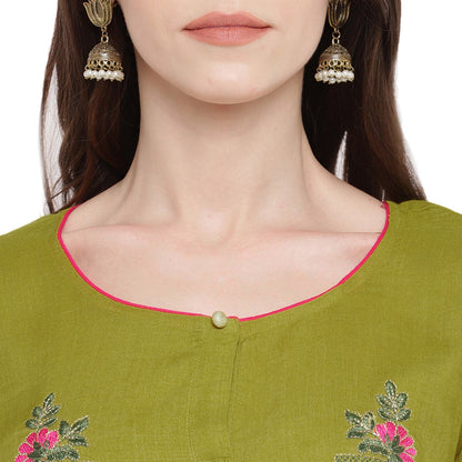 Women's Mehendi Green Cotton Kurta By Vbu