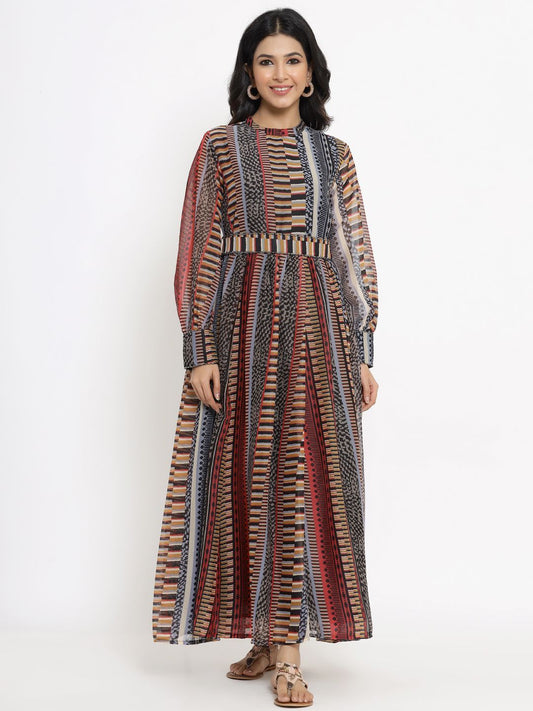 Women's Alphin Chiffon Printed Flared Dress with Waist Tie-up