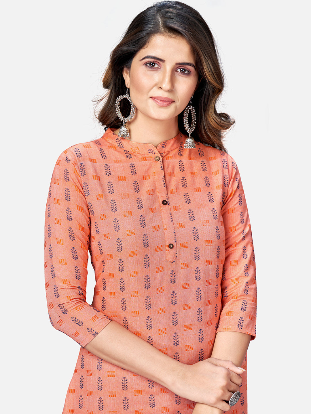 Women's Printed Straight Cotton Peach Kurta Pant With Dupatta (3Pcs Set)