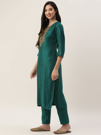 Women's Green Rayon Blend Embroidered Straight Kurta Trouser Set With Dupatta