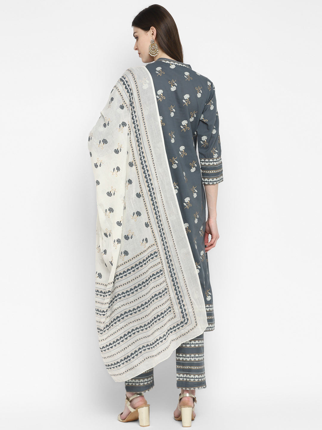 Women's Floral Print & Embroidered A-Line Cotton Grey Kurta Pant With Dupatta (3Pcs Set)