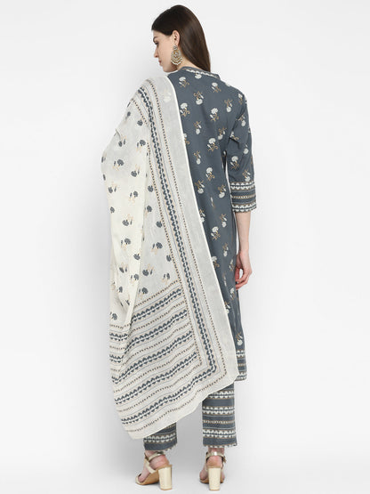 Women's Floral Print & Embroidered A-Line Cotton Grey Kurta Pant With Dupatta (3Pcs Set)