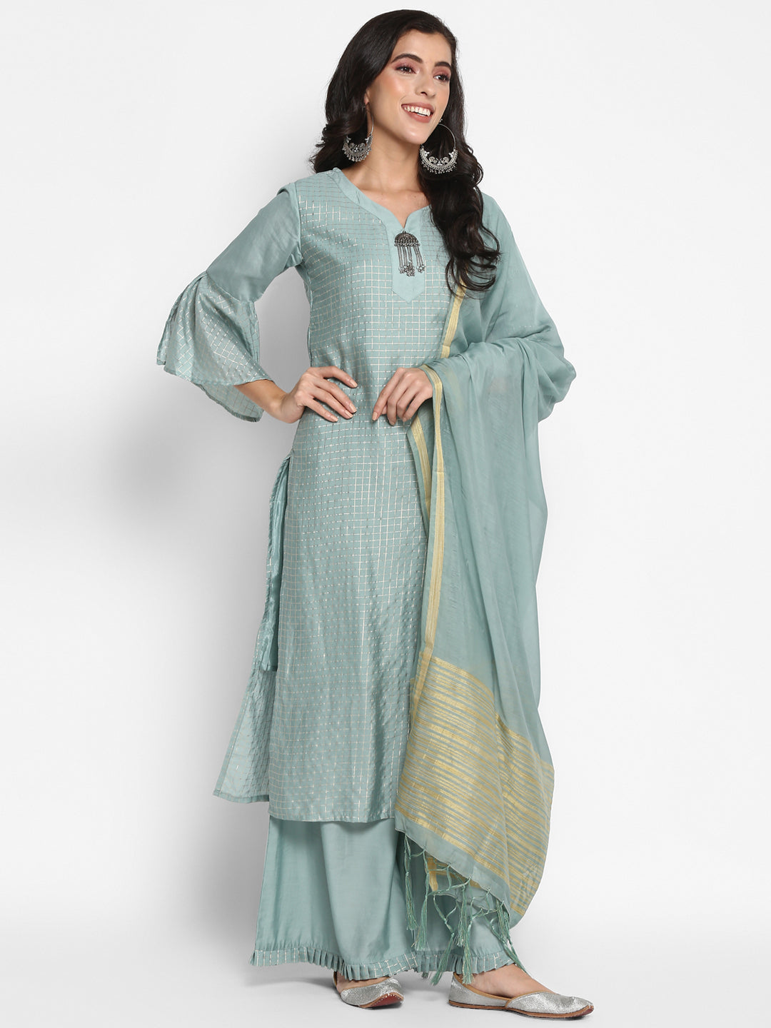 Women's Grey Color Silk Blend Straight Printed Kurta Palazzo With Dupatta