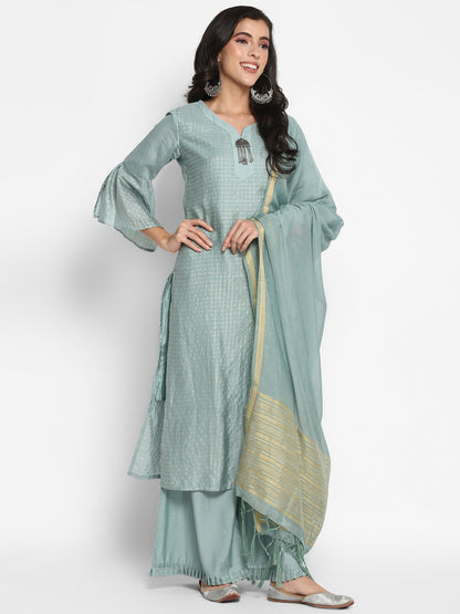 Women's Grey Color Silk Blend Straight Printed Kurta Palazzo With Dupatta
