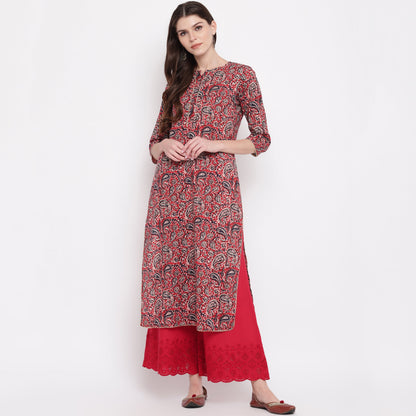 Women's Red Kalamkari Print Cotton Kurta By Vbuyz- (