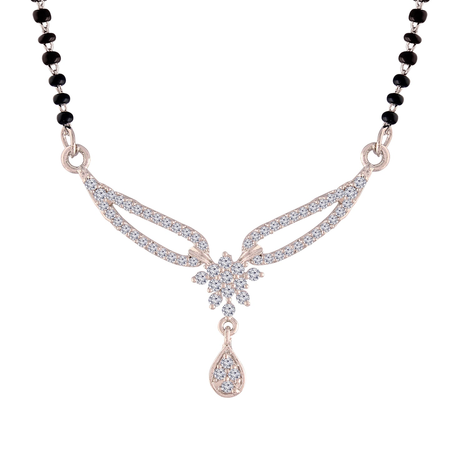 Women's 18k Rhodium Plated Pendant with Black Bead Chain Mangalsutra
