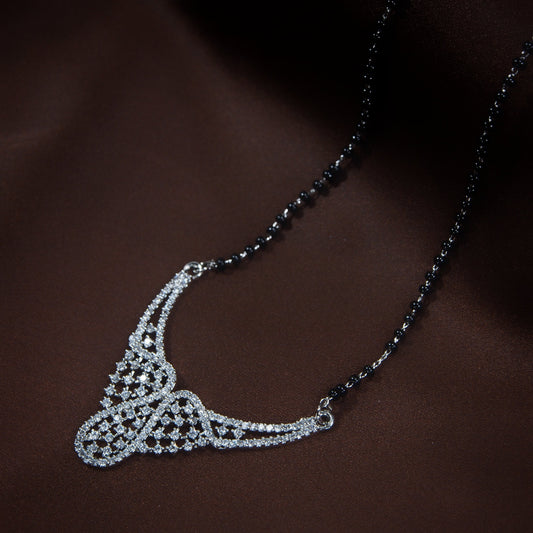 Women's 18k Rhodium Plated Pendant with Black Bead Chain Mangalsutra