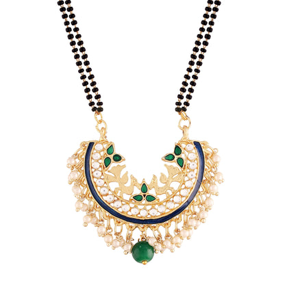 Women's 18k Gold Plated Traditional Meena Work Pearl Studded Pendant Mangalsutra