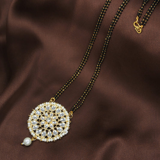 Women's 18k Gold Plated Traditional Pearl Kundan Studded Pendant Mangalsutra