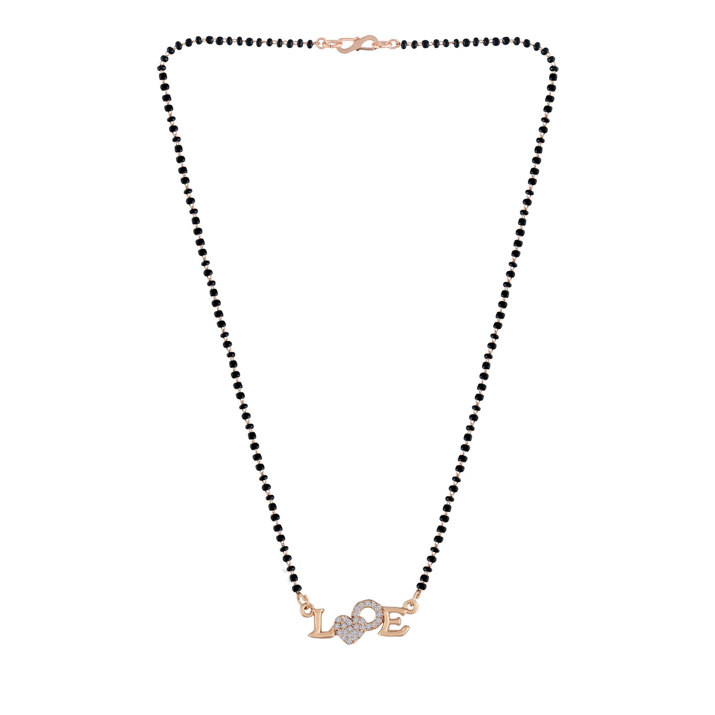 Women's 18k Rose Gold Plated Traditional American Diamond Pendant with Black Bead Chain Mangalsutra for Women