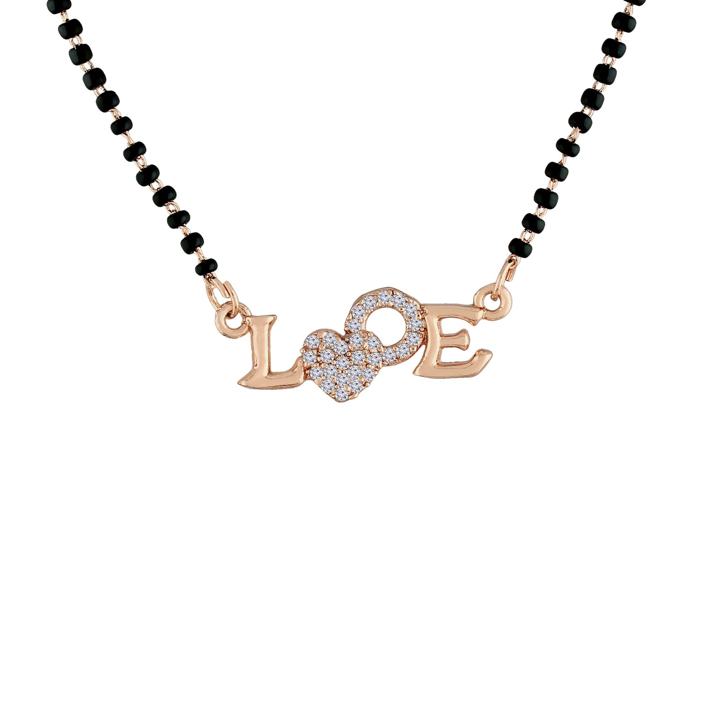 Women's 18k Rose Gold Plated Traditional American Diamond Pendant with Black Bead Chain Mangalsutra for Women