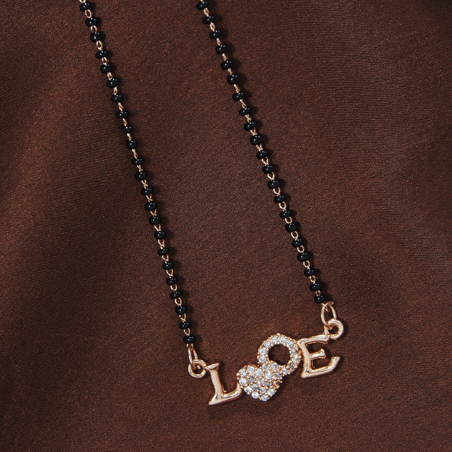 Women's 18k Rose Gold Plated Traditional American Diamond Pendant with Black Bead Chain Mangalsutra for Women