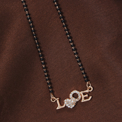 Women's 18k Rose Gold Plated Traditional American Diamond Pendant with Black Bead Chain Mangalsutra for Women