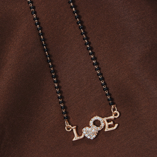 Women's 18k Rose Gold Plated Traditional American Diamond Pendant with Black Bead Chain Mangalsutra for Women