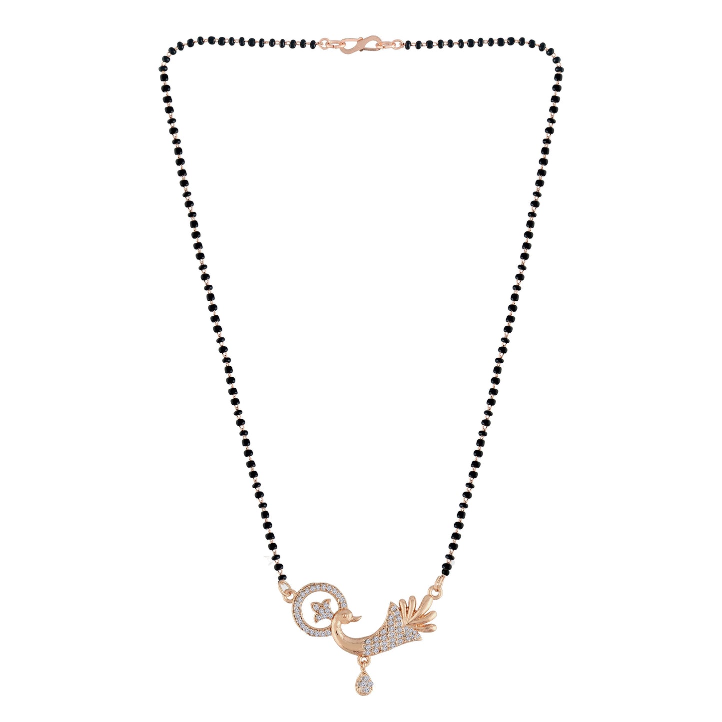 Women's 18k Rose Gold Plated Traditional American Diamond Pendant with Black Bead Chain Mangalsutra for Women