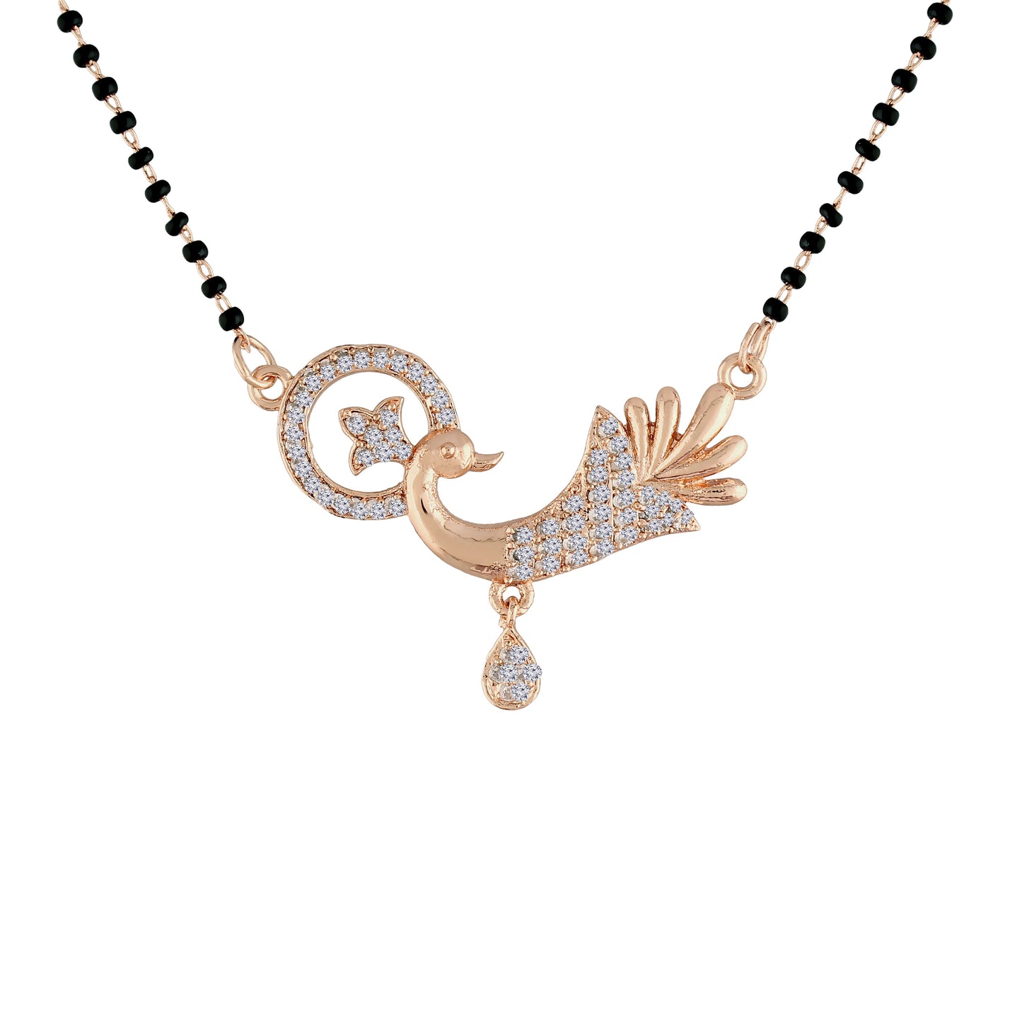 Women's 18k Rose Gold Plated Traditional American Diamond Pendant with Black Bead Chain Mangalsutra for Women