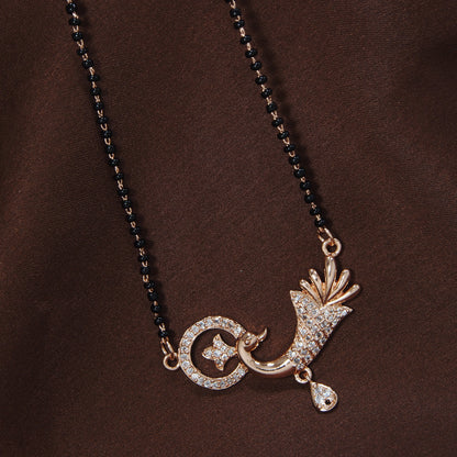 Women's 18k Rose Gold Plated Traditional American Diamond Pendant with Black Bead Chain Mangalsutra for Women