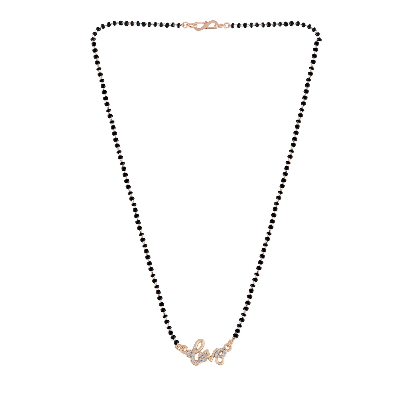 Women's 18k Rose Gold Plated Traditional American Diamond Pendant with Black Bead Chain Mangalsutra for Women