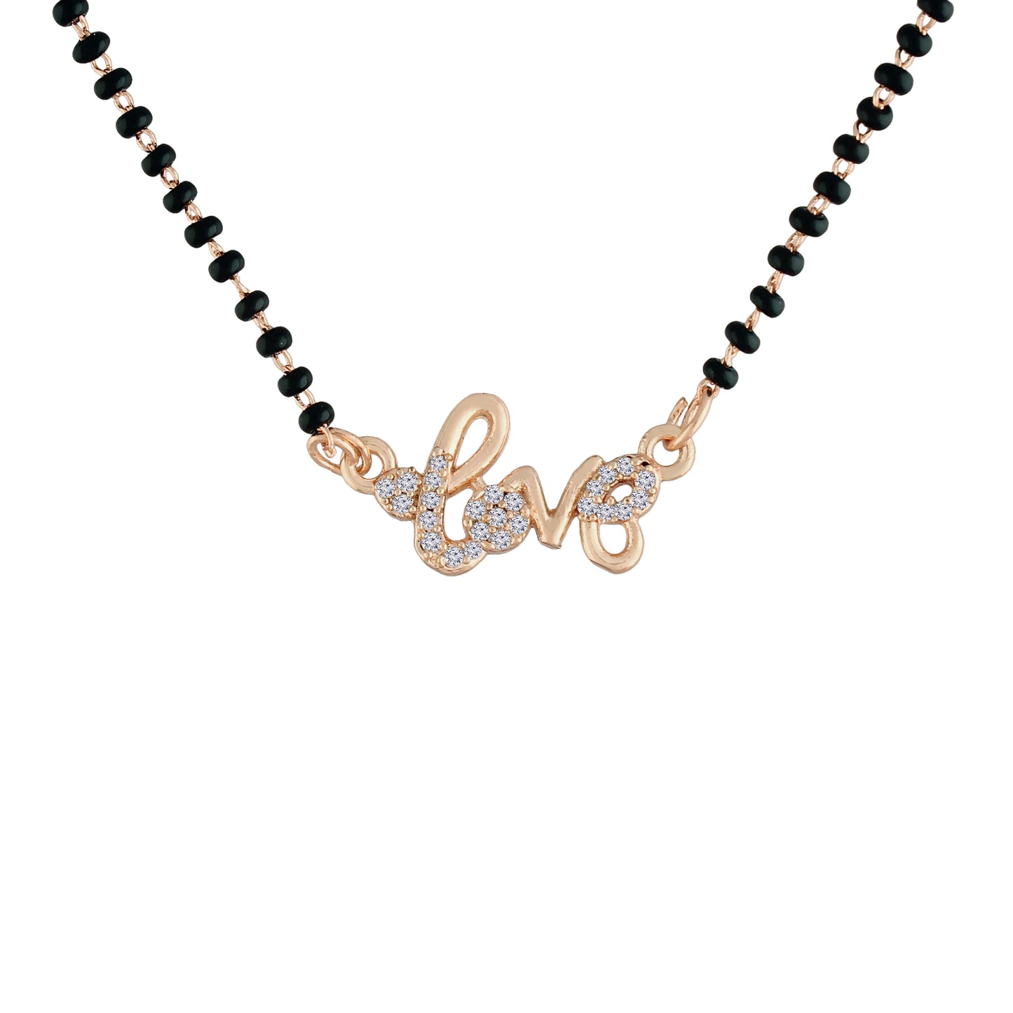 Women's 18k Rose Gold Plated Traditional American Diamond Pendant with Black Bead Chain Mangalsutra for Women