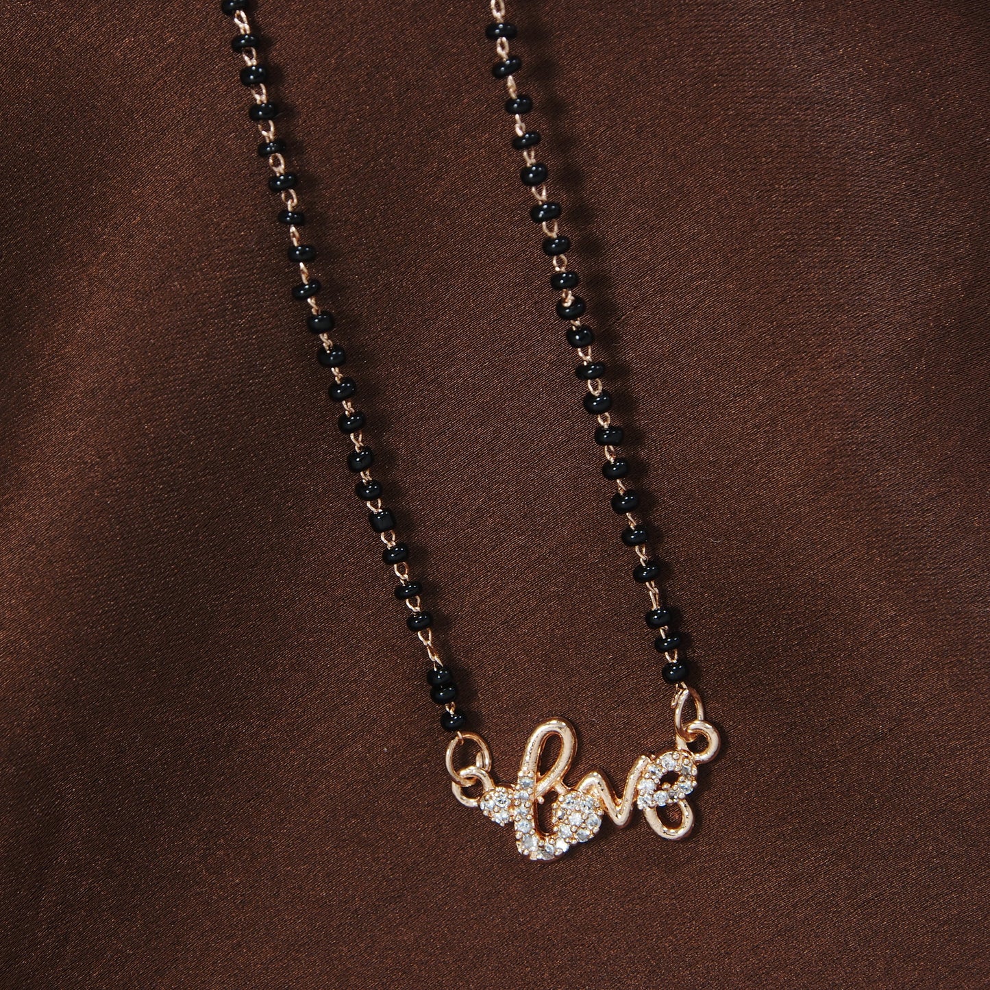 Women's 18k Rose Gold Plated Traditional American Diamond Pendant with Black Bead Chain Mangalsutra for Women