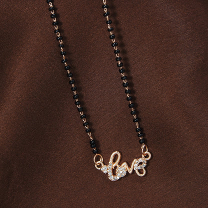 Women's 18k Rose Gold Plated Traditional American Diamond Pendant with Black Bead Chain Mangalsutra for Women