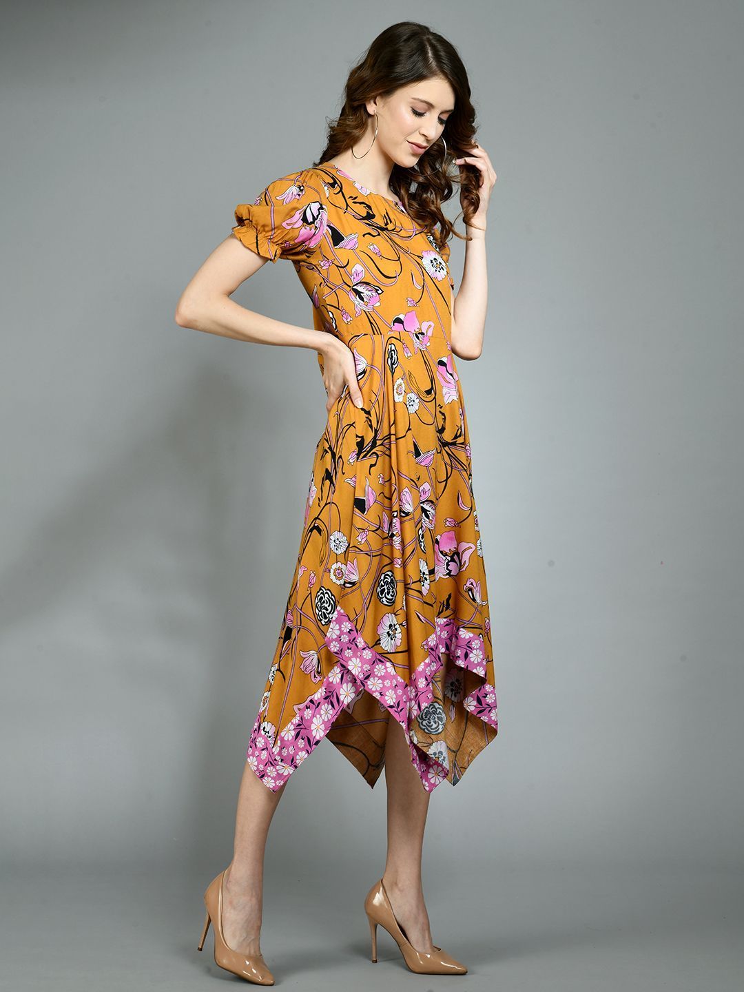 Women's Multi Rayon Printed Short Sleeve Round Neck Casual Dress