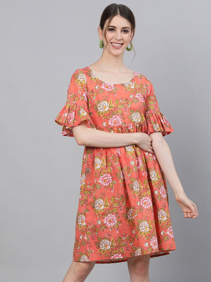 Women's Floral Printed Dress With Ruffle Sleeves