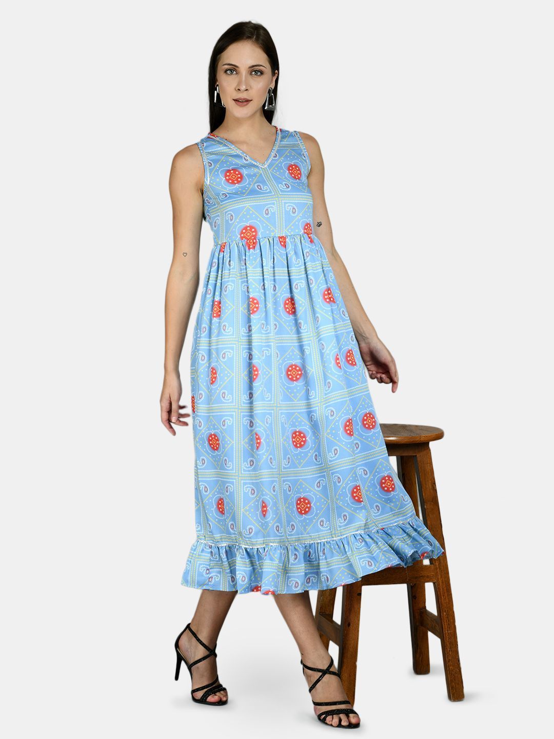 Women Sky Blue Printed Cotton Dress by Myshka (