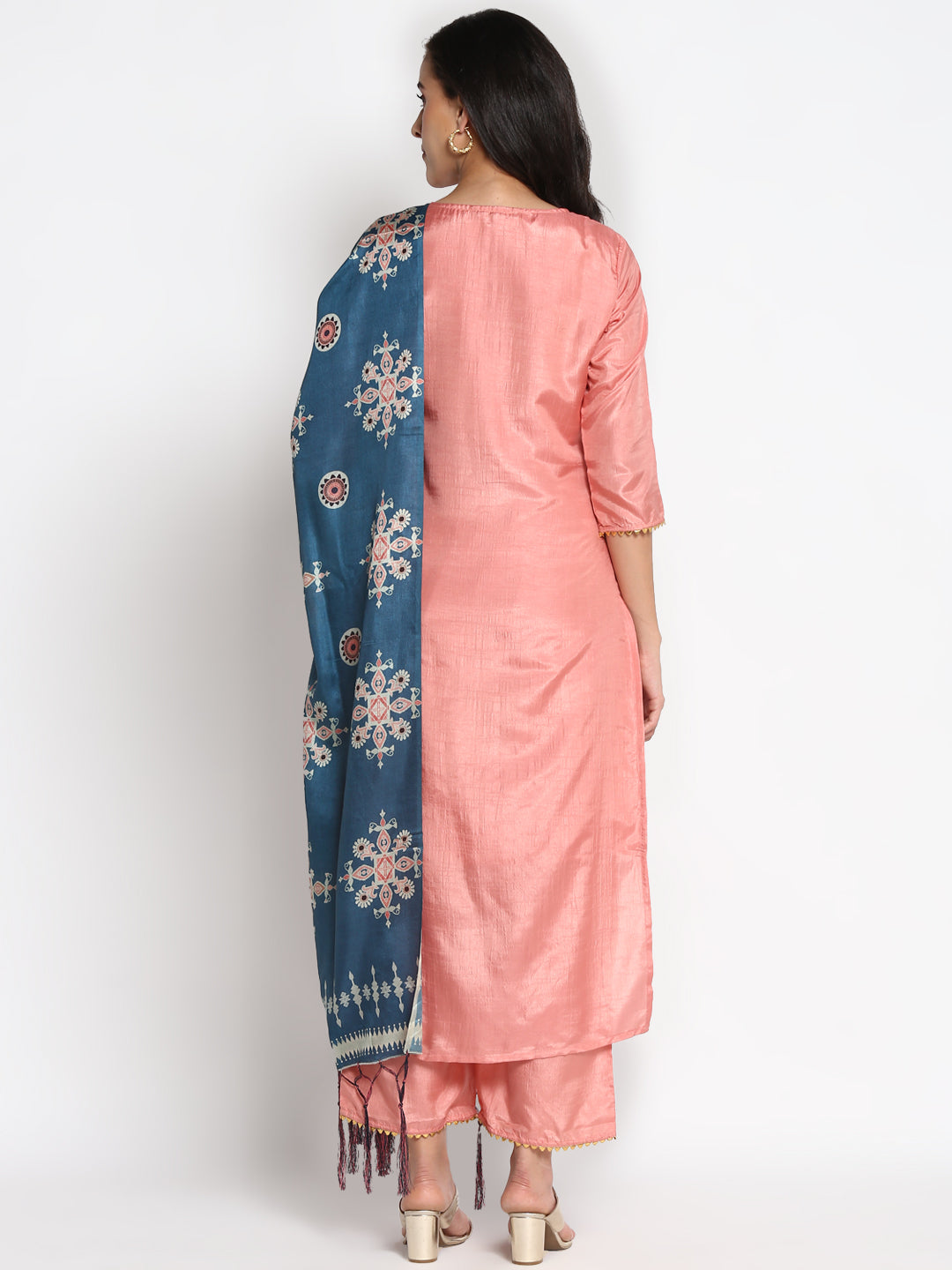 Women's Peach Color Silk Blend Straight Kurta Palazzo With Dupatta