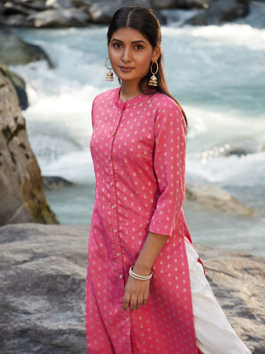 Women's Pink Woven Designed Kurta
