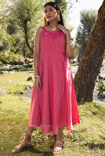 Women's Pink Woven Designed Halter Neck Dress