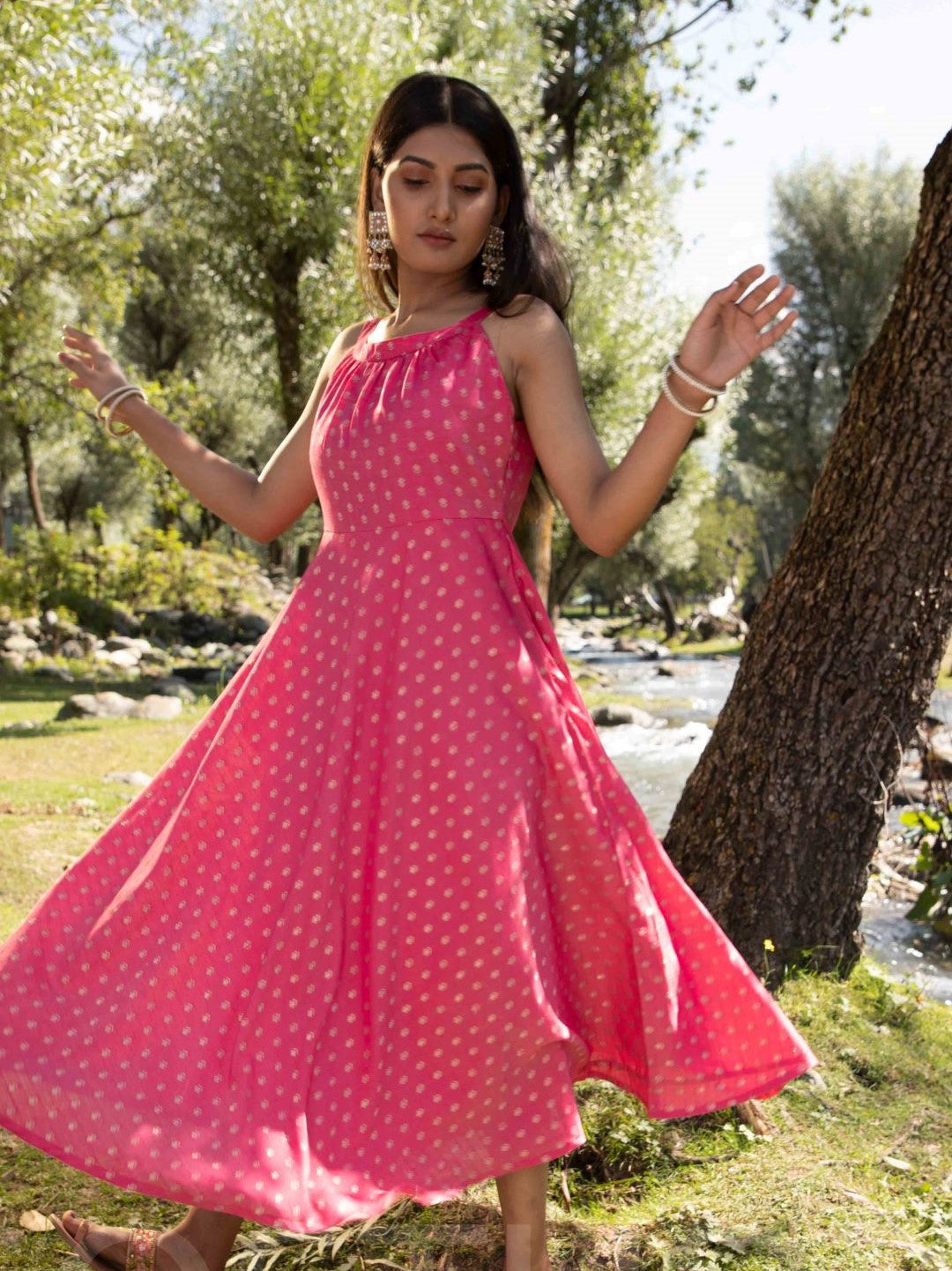 Women's Pink Woven Designed Halter Neck Dress
