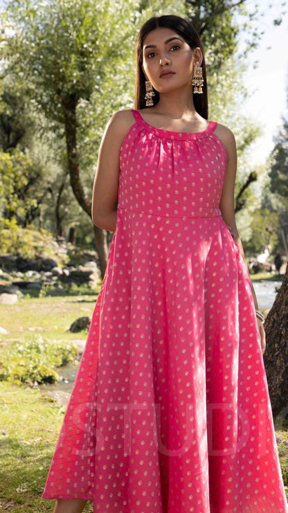 Women's Pink Woven Designed Halter Neck Dress