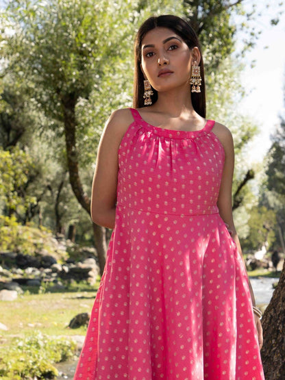 Women's Pink Woven Designed Halter Neck Dress
