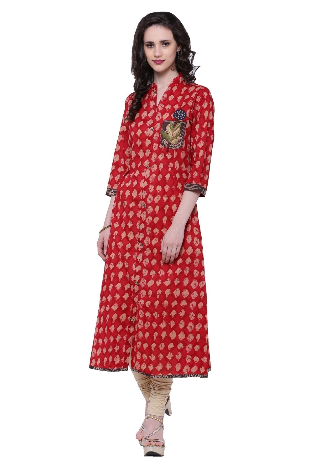 Women's Red A-Line Cotton Long Kurta