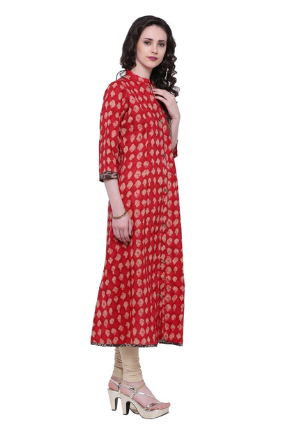 Women's Red A-Line Cotton Long Kurta