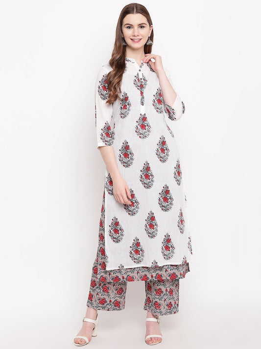 Women's White Cotton Kurta Palazzo Set