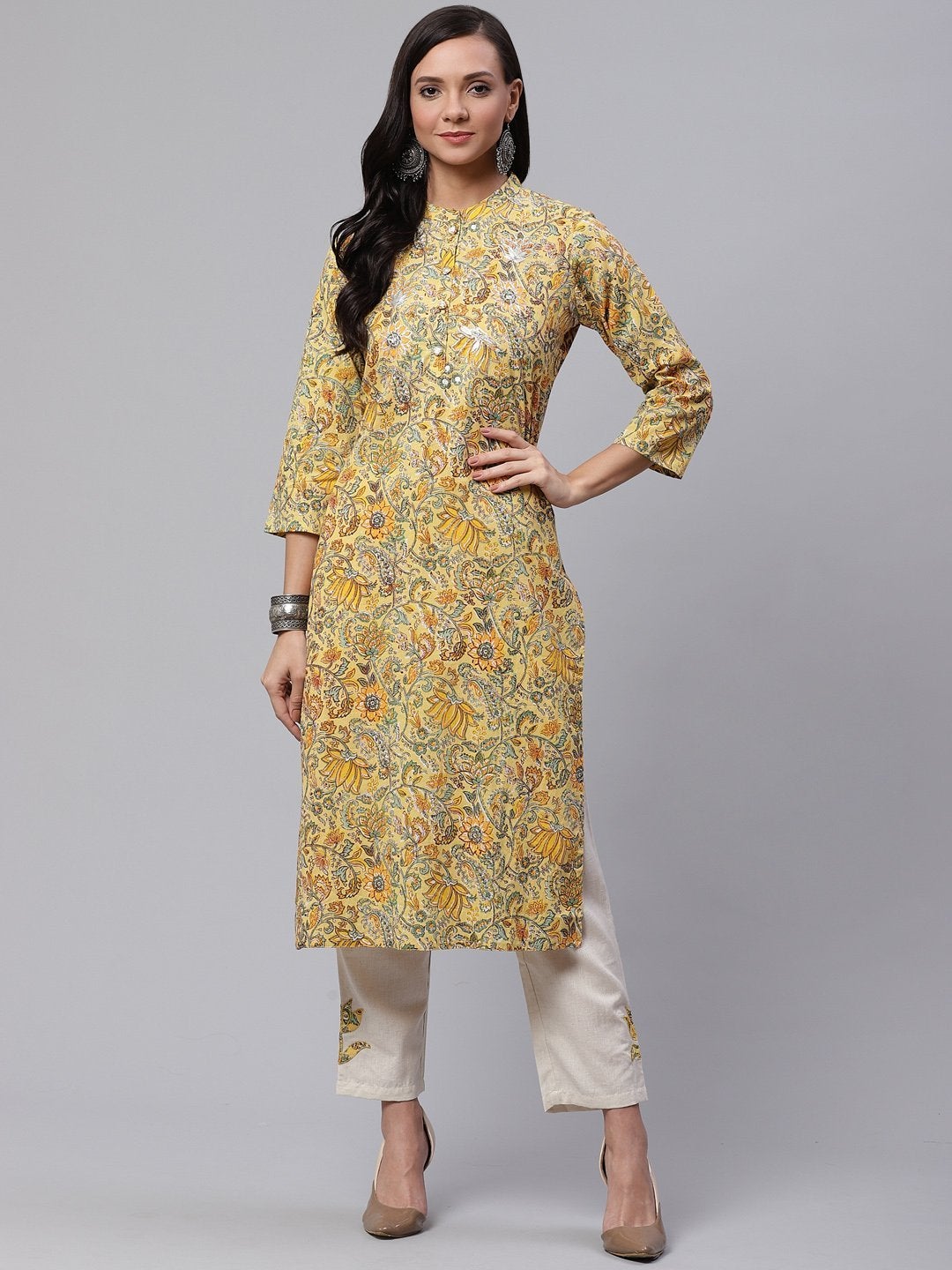 Women's The Dressify Yellow Cotton Kurti With Cotton Flex Pant Set