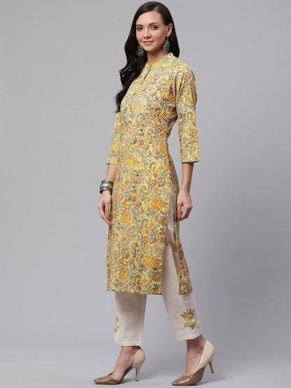 Women's The Dressify Yellow Cotton Kurti With Cotton Flex Pant Set