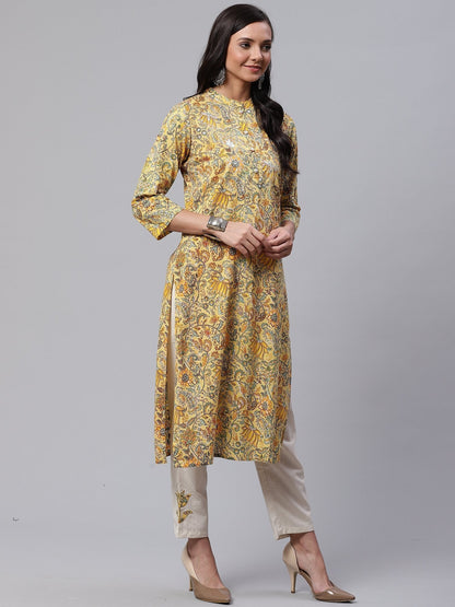 Women's The Dressify Yellow Cotton Kurti With Cotton Flex Pant Set