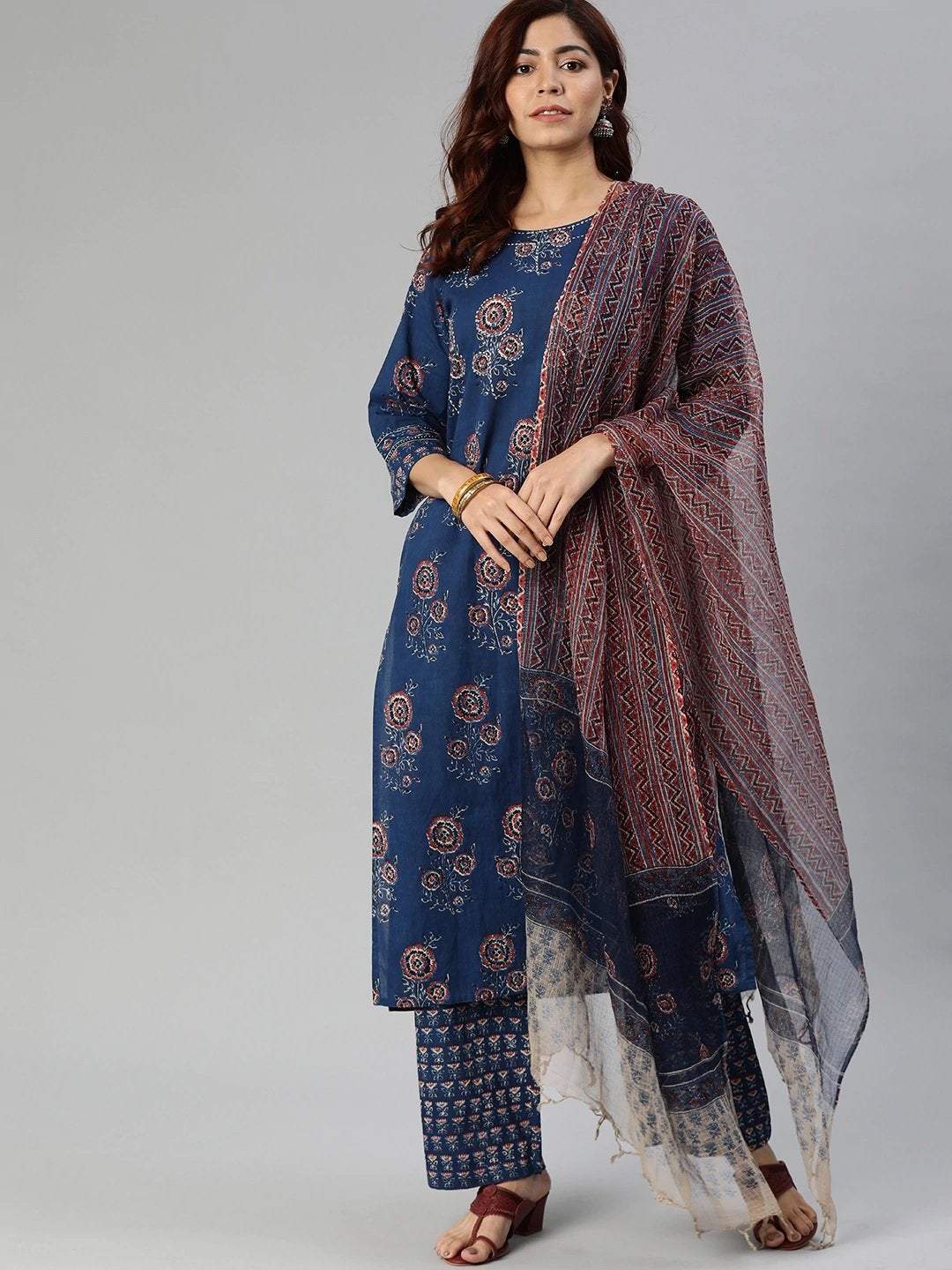 Women's Navy Blue Printed Cotton Kurta Set With Dupatta
